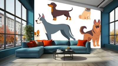 Cartoon dog pets. Cute little puppies, adorable dogs with different breeds and sizes. Home funny animals characters with happy muzzles. Dachshund, shepherd, Jack Russell. Vector set Wall mural