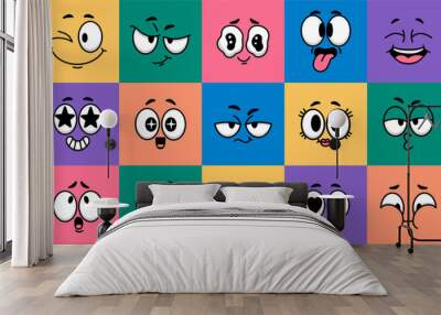 Cartoon face expression. Emotion comic face character on colors. Funny avatars with eyes and mouth. Caricature facial laugh, kiss, love mood. Vector illustration Wall mural