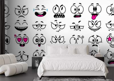 Cartoon faces. Facial expressions for retro old style characters or 1970s animation mascot vector illustration set. Smiling, scared, angry and sad emotions isolated on white, emoticons collection Wall mural