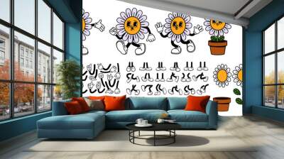 Cartoon flower character. Daisy retro constructor. Smiley flower face, funny walking mascot chamomile with bee, plant in pot. Trendy design sticker, vector set Wall mural