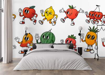 Cartoon mascot fruit. Retro fruits character with legs and hands, cute face expression. Walking orange, running apple, staying watermelon, happy banana. Vector set Wall mural