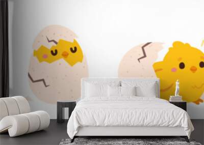 Chicken hatching. Easter cute chick hatched, cracked shell egg. Newborn bird from egg step-by-step process. Domestic hens baby in nest. Farm birds. Vector concept Wall mural