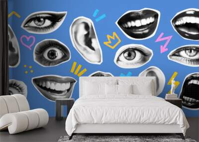 Collage element. Halftone cut out eyes, lips, ears, mouth from newspaper. Cutting shapes of paper for poster, banner, stickers. Abstract grunge vintage part of face. Vector set Wall mural