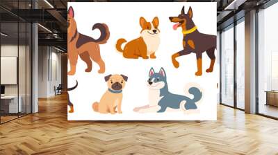 Cute dogs and puppies. Cartoon different breeds pet. Funny doggy characters. Happy friendly canine animals. Pug, corgi, poodle, husky and poodle. Vector set Wall mural