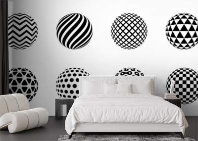 Dotted halftone sphere. Striped and checkered 3d spheres with dot particles, abstract spherical balls. Halftone gradient texture isolated vector logo globe shapes Wall mural