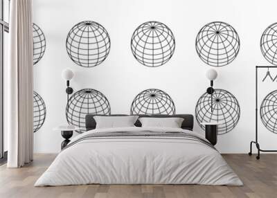 Globe grids. 3D spheres various position. Striped 3D balls, earth globe grid linear geometry vector orb symbol set Wall mural