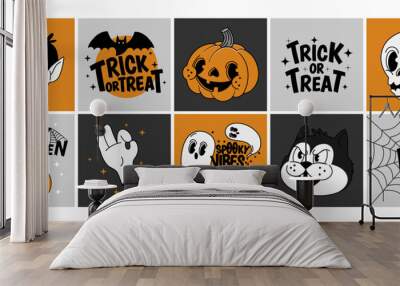 Halloween stickers. Retro Happy Halloween cards with funny creepy characters. Autumn festive elements with quotes, phrases. Groovy patches and labels. Vector illustration Wall mural