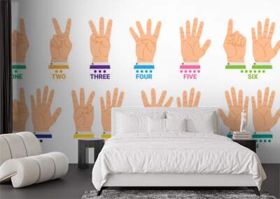 Hands count with fingers. Cartoon counting from one to ten, showing numbers, using hands gestures. Ten number dotted. Basics math learning. Vector illustration Wall mural