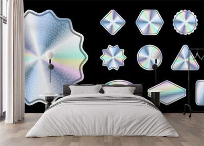 Hologram sticker. Holographic stickers with guilloche pattern in various shapes. Iridescent shiny textured labels for product guarantee, quality. Isolated vector set Wall mural