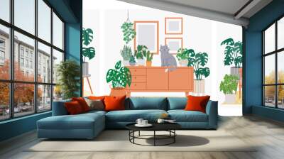 Interior with cat and houseplants. Composition with cozy home, relaxing pet cats on armchair and cupboard with flower and pots. Hygge room. Vector illustration Wall mural