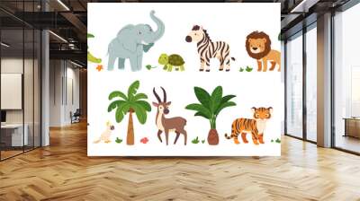 Jungle animals. Cute safari wild mammals. Funny exotic mammal, bird and reptile. Elephant, parrot, lion, crocodile, turtle and palm tree. Kids vector set Wall mural