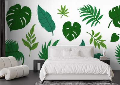 Jungle leaves. Cartoon different tropical plants. Palm, banana, monstera. Botanical green foliage elements. Summer paradise exotic leaf on white background. Vector set Wall mural