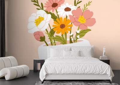 Mental health concept. Happy male head with flowers inside. Positive thinking, self care. Happiness and harmony, calmness and life balance vector illustration Wall mural