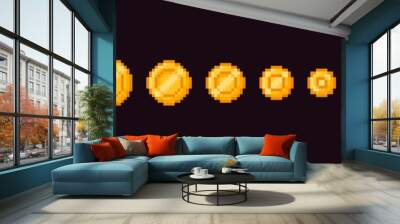 Pixel art coins. Flat gold coin animation from big to small for 8 bit video game. Cartoon gaming animated pixeled yellow money icon for arcade game. Vector concept Wall mural