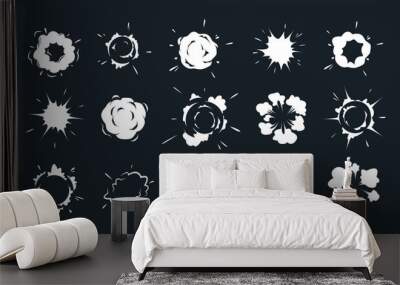 Radial explosive effect. Cartoon comic circle burst, bomb explosion, game VFX elements, round steam cloud, energy explosions, speed bang power. Vector set Wall mural