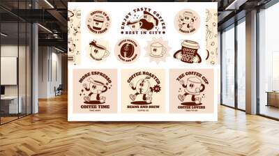 Retro coffee character. Cartoon bar and cafe drinks. Abstract funny espresso sticker, poster with 70s cappuccino cup, trendy seamless pattern with coffee beans. Vector set Wall mural