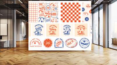 Retro fast food. Cartoon stickers and seamless patterns with groovy food mascot. Comic food characters for cafe menu. Patches taco, hot dog and burger. Vector templates Wall mural