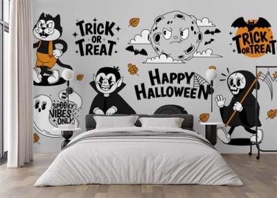 Retro Halloween characters. Cartoon festive atmosphere with creepy ghost, funny pumpkin, vampire, moon, bat, black cat. Scary decorations. Happy Halloween vector lettering. Wall mural