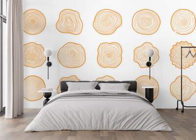 Tree rings. Hand drawn wood slice texture. Abstract tree age year circle. Line wooden circular ripple, nature timber, fractal stump. Organic trees material. Vector set Wall mural