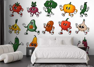 Vegetable character. Cartoon retro mascot vegetables. Funny green vitamin plant food, cute tomato, running pumpkin, healthy eggplant, nature avocado. Vector set Wall mural