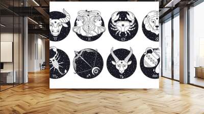 Zodiac signs. Astrology horoscope symbols. Hand drawn mystical twelve constellation with stars. Astrological spiritual elements. Horoscope calendar images. Vector set Wall mural