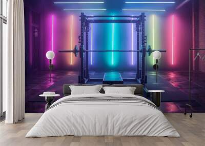 Squat rack with barbell set in a gym, illuminated by vibrant neon lights. Ideal for focused strength training, muscle building workouts. Urban fitness atmosphere with modern design. Wall mural