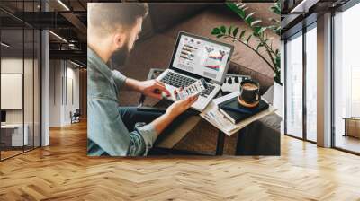 Young man, entrepreneur, freelancer sits at home on couch at coffee table, uses smartphone, working on laptop with graphs, charts, diagrams on screen.Online marketing,education, e-learning. Startup. Wall mural