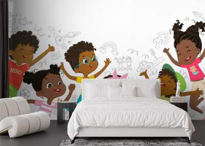 A group of African American boys and girls play together, jumping and dancing fun against the background of the wall with children drawings. Long banner. Funny cartoon characters. Vector illustration Wall mural