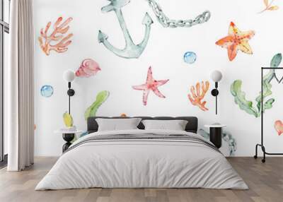 Cartoon cute hand drawn sea life seamless pattern. Hand-drawn underwater sea elements: sea stars, anchor, Coral, shells and flowers seamless pattern on white background Wall mural