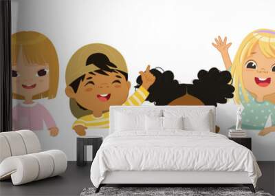 happy multicultural children hold a blank poster. template for advertising brochure. cute little kid Wall mural