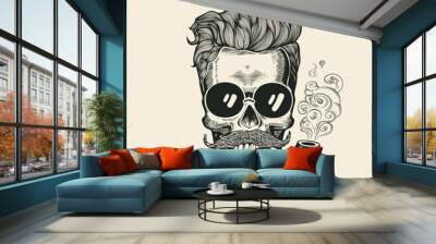 Hipster Skull Smoke Pipe Vector Illustration Print. Cool Mustache Skeleton Face in Sunglasses. Urban Modern Hair T-Shirt Print Monochrome Sailor Head Black Death Silhouette Wall mural