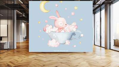 Little Bunny Takes Baths in a Cup. Cute watercolor cartoon hand drawn print can be used for t-shirt print, kids wear fashion design, baby shower invitation card. Wall mural