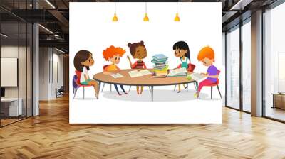 Multiracial children sitting around round table with pile of books on it and listening to girl reading aloud. School literature club. Cute cartoon characters. Vector illustration for banner, poster. Wall mural