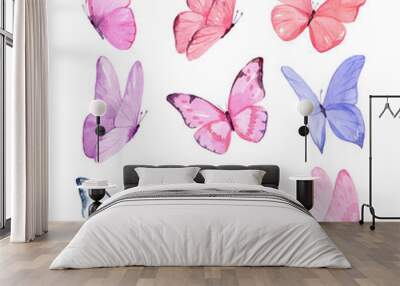 Set of butterflies isolated on white background. Watercolor. Illustration. Template, blue, yellow, pink and violet butterfly spring illustration. Wall mural