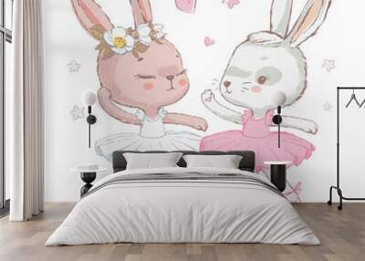 Two Adorable ballerina bunnyes illustration. White dancing rabbits illuatration. Can be used for t-shirt print, kids wear fashion design, baby shower invitation card. Wall mural