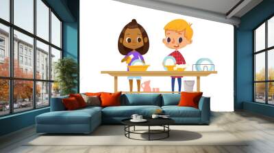 two happy multiracial kids washing dishes isolated on white background. children cleaning tableware. Wall mural