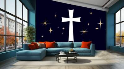 Christian religious cross. Symbol religion cross on dark background, shiny golden stars. White prayer cross sign, religious symbol, golden stars, black background christian faith. Vector Illustration Wall mural