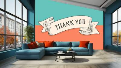 greeting card with ribbon and phrase thank you. old ribbon banner in engraving style for thanksgivin Wall mural