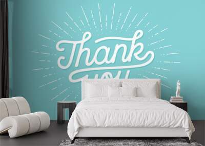 Hand lettering Thank You with light rays, sunburst vintage retro graphic. Trendy banner, poster, greeting card and postcard with calligraphy for holiday Thanksgiving Day. Vector Illustration Wall mural