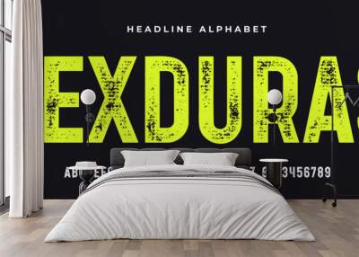 Headline alphabet and font. Bold aged, rough fat uppercase letters with grunge texture. Creative hand-drawn textured font, design, typographic, poster. Grunge scratches alphabet. Vector Illustration Wall mural