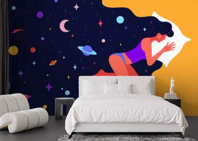 Modern flat character. Woman sleeping in bed with universe Wall mural