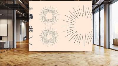 Set of light rays, sunburst and rays of sun. Design elements, linear drawing, vintage hipster style. Light rays sunburst, arrow, ribbon, and, for, the and ampersand. Vector Illustration Wall mural