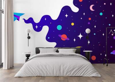 Universe. Motivation banner with universe cloud, dark cosmos, planet, stars and paper plane, start up symbol. Banner template with universe starry night dream background. Vector Illustration Wall mural