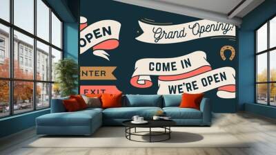 Vintage graphic set. Ribbon, flag, arrow, board with text Open, We are Open, Grand Opening. Set of ribbon banner and retro graphic. Isolated vintage old school set shapes. Vector Illustration Wall mural