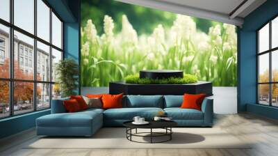 AI-generated black granite product display podium in a green area with grass, flowers, and sunlight Wall mural