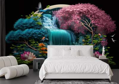 3d Abstraction Nature Flower Tree Park And Peacock Waterfall Round Background Wall mural