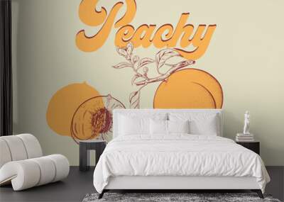 Peach fruit vintage illustration, peach fruit with brunch and leaf hand drawn sketch, retro vintage fruit artwork for t shirt, poster, print Wall mural