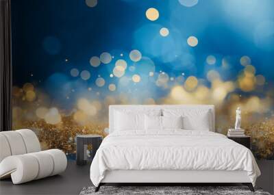 Abstract Blue and Gold Bokeh Lights, Festive Sparkling Background Wall mural