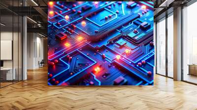 Electronic circuit board with glowing blue and red pathways computing tech cyber Wall mural