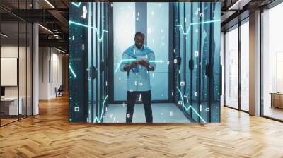 Digitalization of Information. Black Young Server Administrator with Digital Tablet Working in High Tech Data Center. 3D Looped Animation of Data Flow with Graphic Elements, Glowing Board Lines, and Wall mural